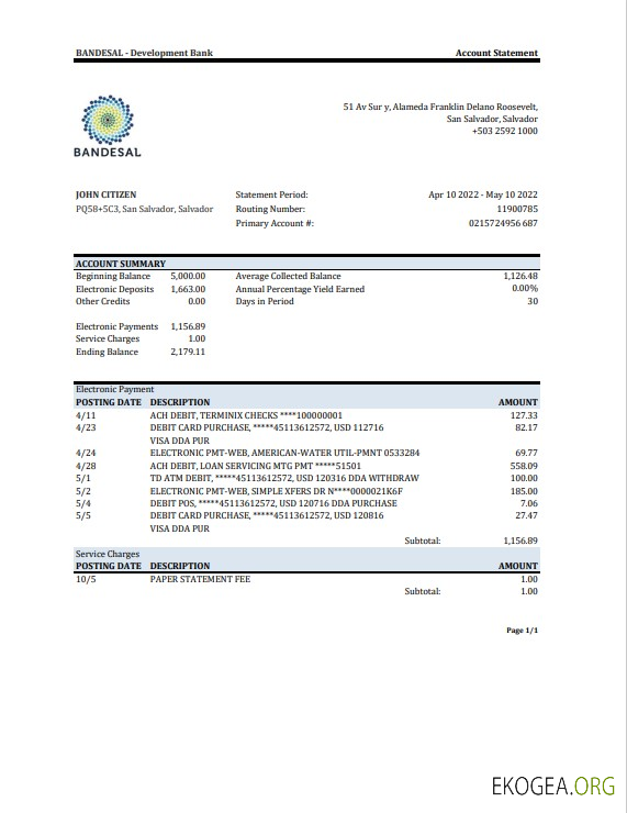 Relevé bancaire de Salvador Bandesal, modèle Excel et PDF